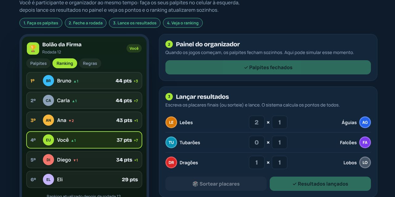 Demo do sistema de bolão com palpites, ranking e painel do organizador