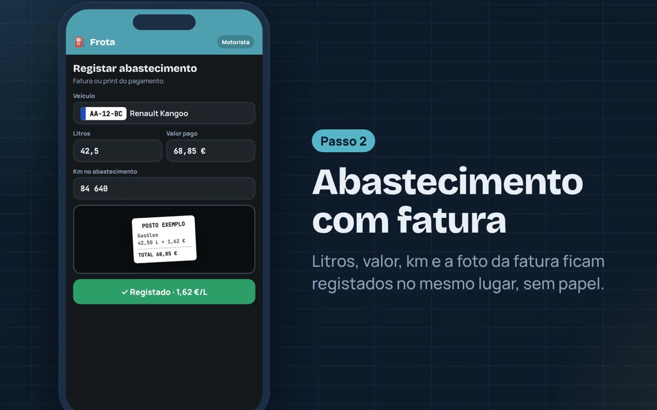 Registo de abastecimento com litros, valor, km e foto da fatura