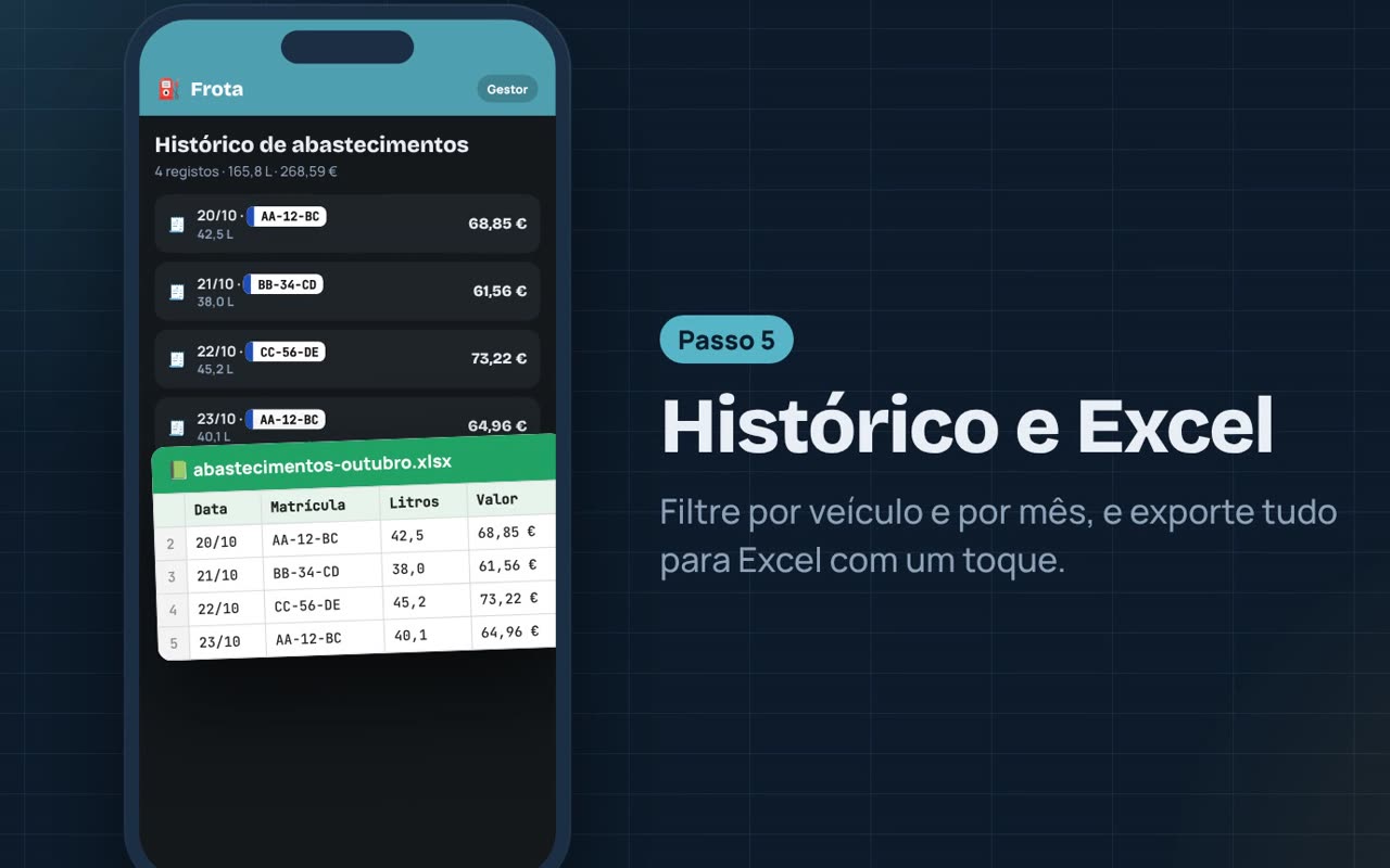 Histórico de abastecimentos exportado para Excel