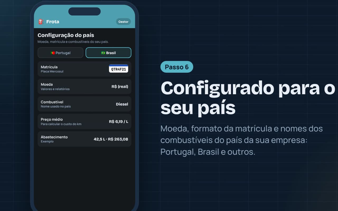 Configuração do país com moeda, matrícula e combustível