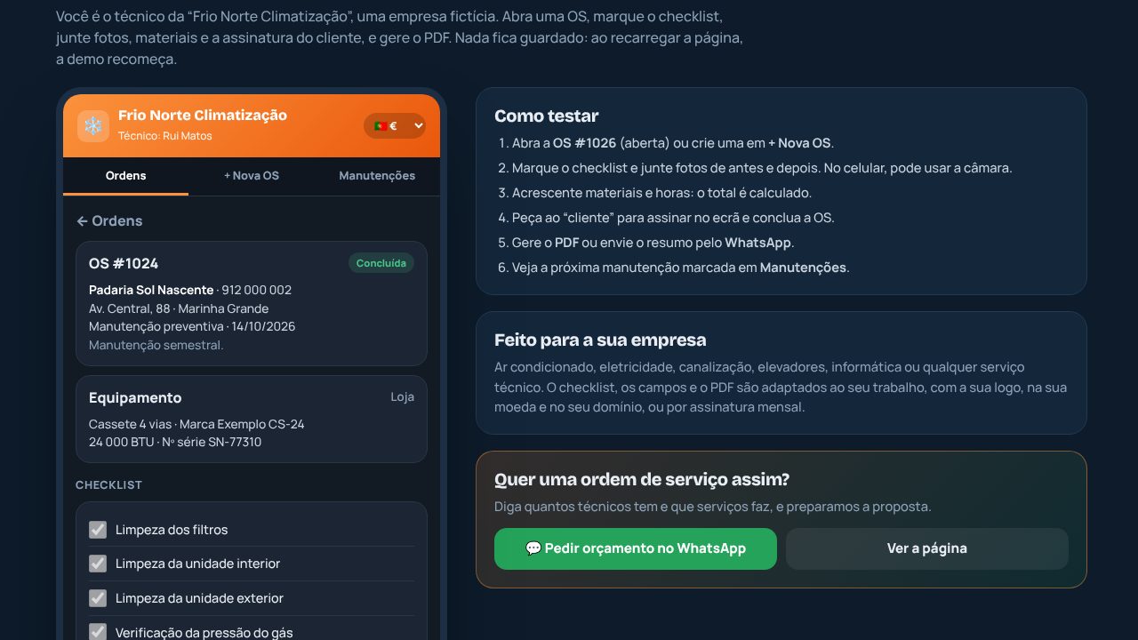 Demo da ordem de serviço digital com checklist, fotos e assinatura