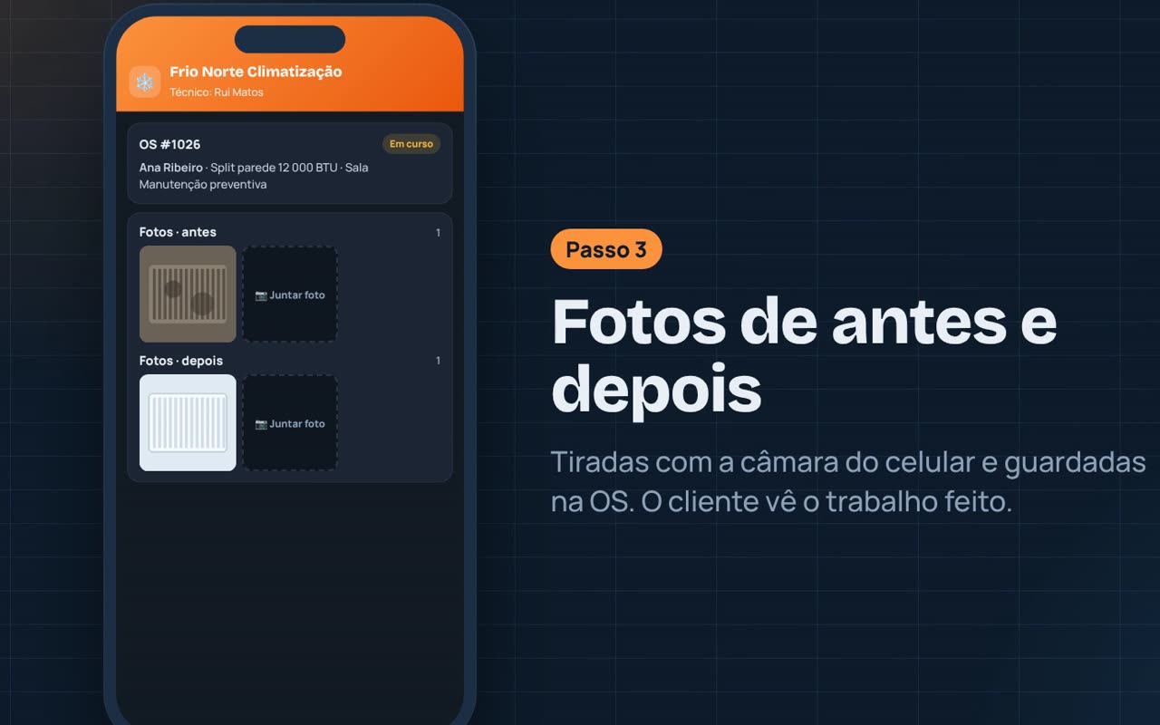 Fotos de antes e depois guardadas na ordem de serviço