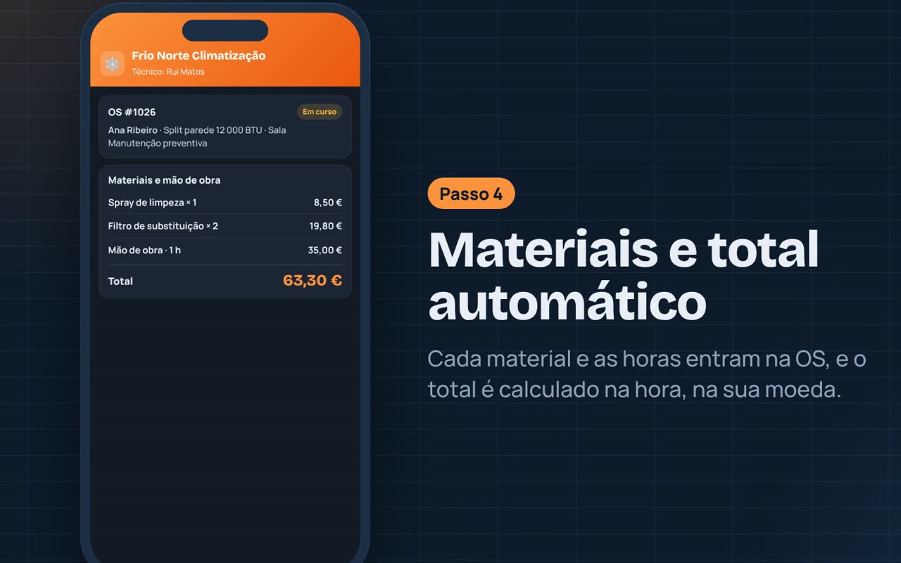 Materiais e mão de obra com total calculado