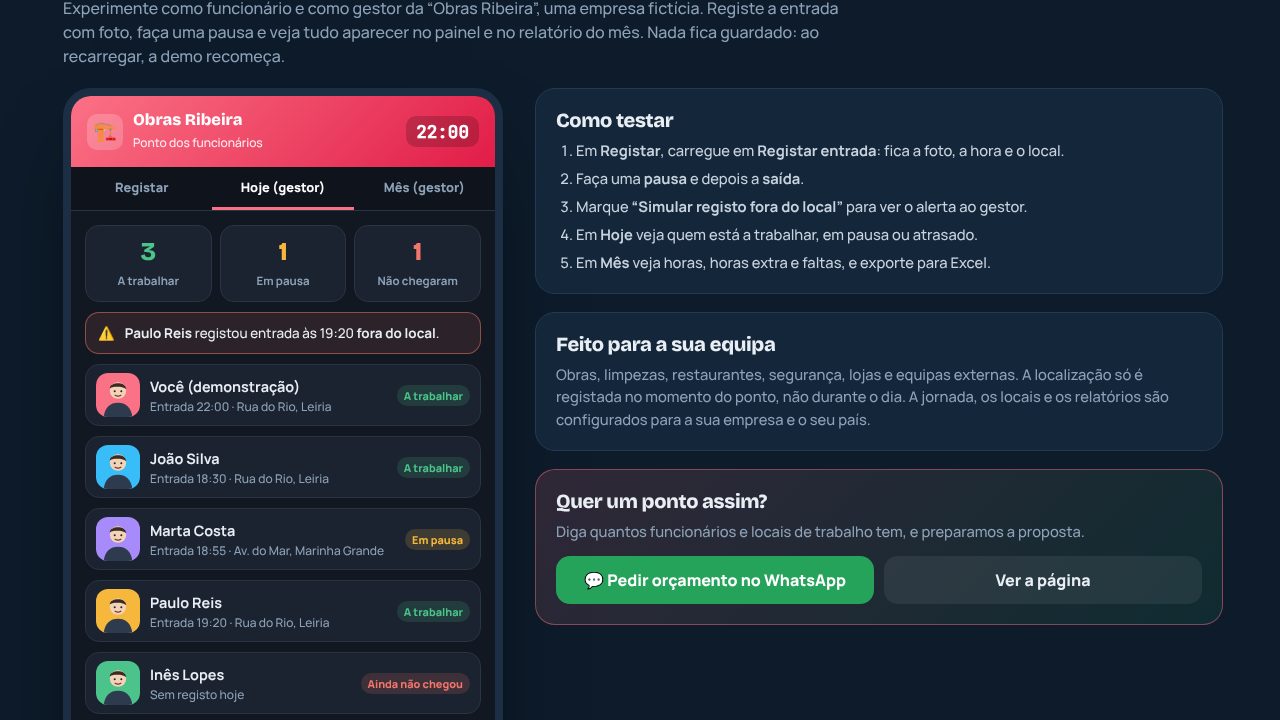Demo do ponto de funcionários com registo, painel do gestor e relatório