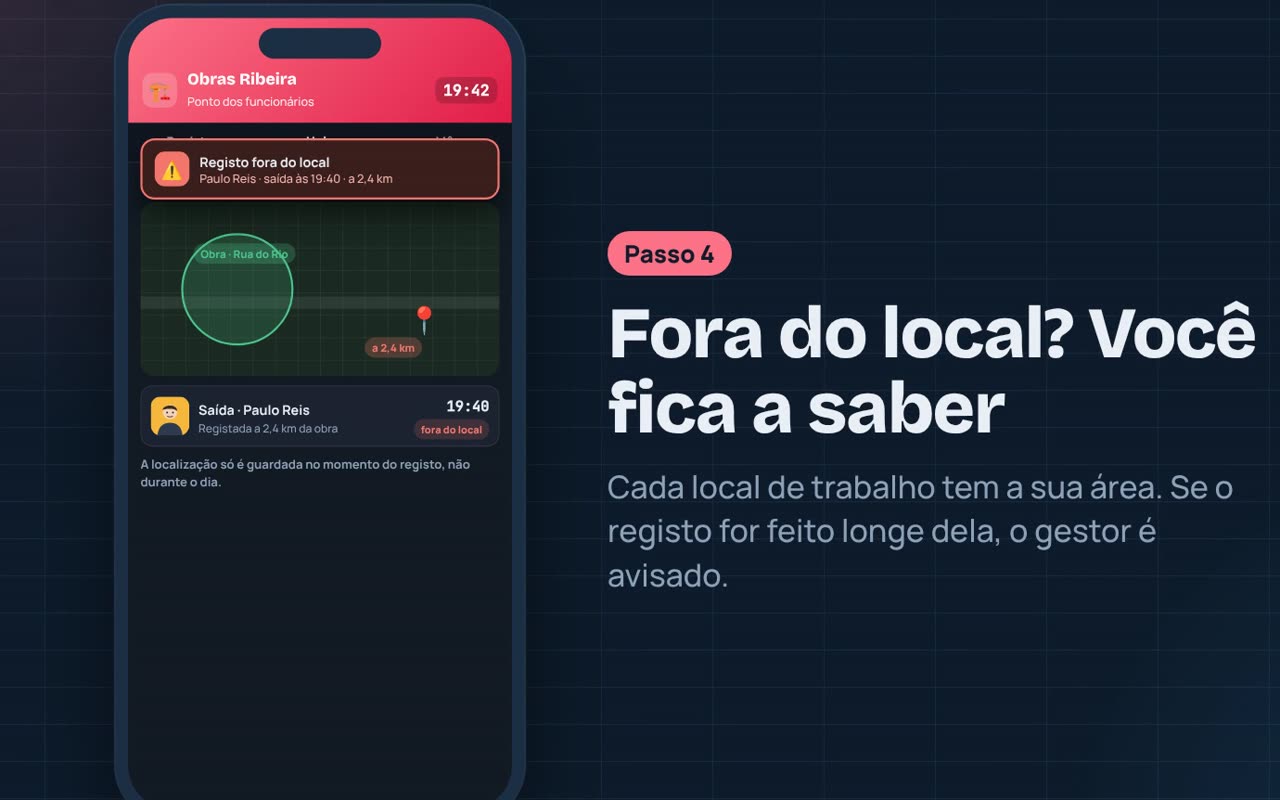 Alerta de registo feito fora do local de trabalho
