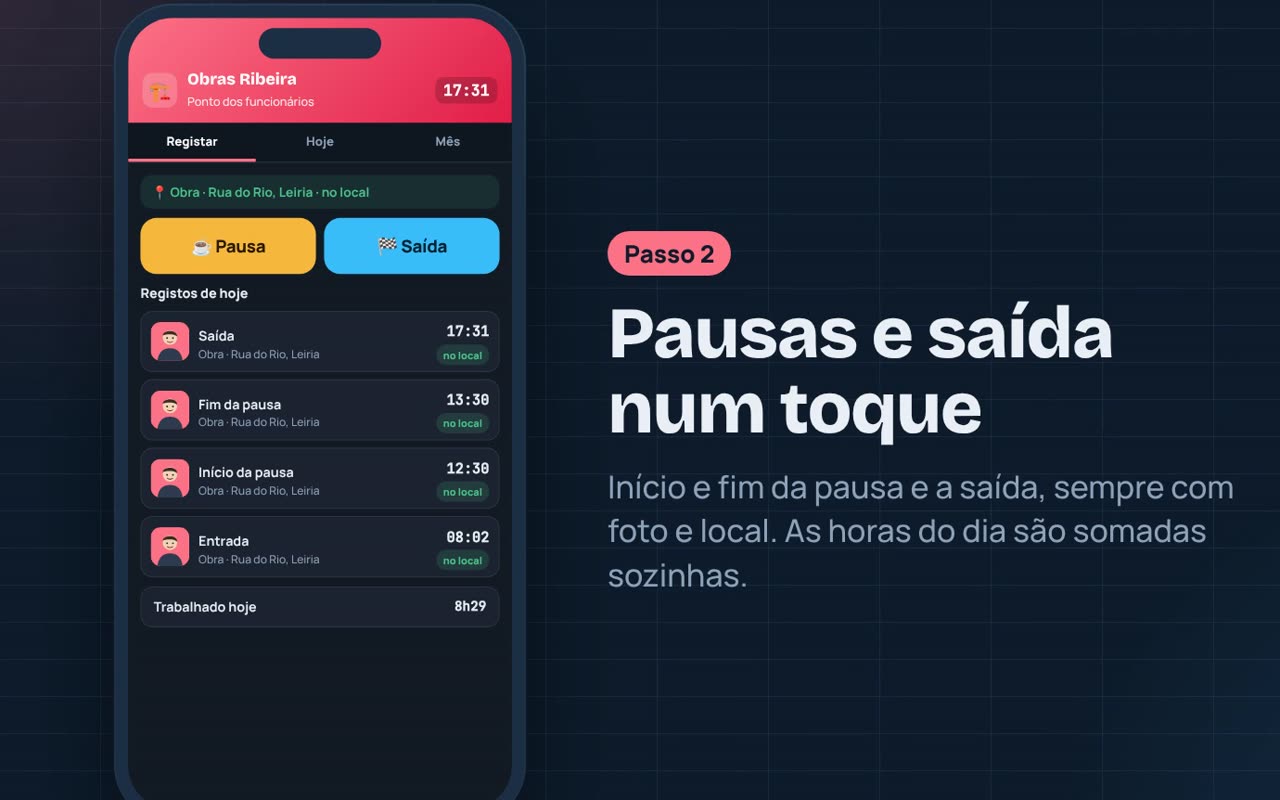 Registos de pausa e saída com as horas do dia somadas
